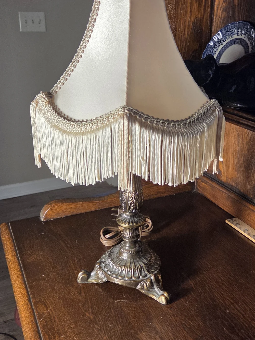 Vintage Cream Fringe Table Lamp with Ornate Brass Base